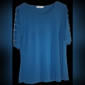 ​89th + Madison Teal Lattice Cage Sleeve Top with Rhinestone Accents - Size S